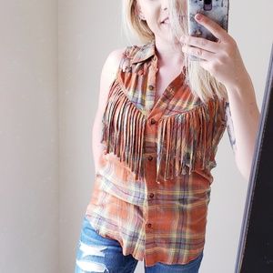 {BKE} Cutout Fringe Plaid Button Down Top